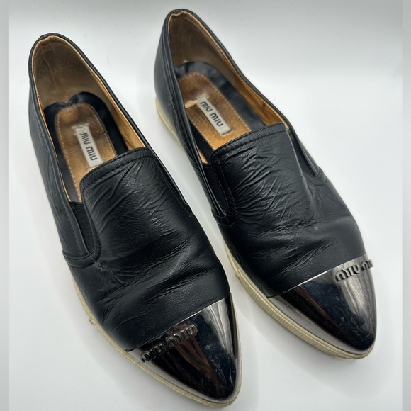 Miu Miu Womens Skate Shoes Black Leather Slip On Metal Cap Toe Size 36 Flats - Picture 2 of 8